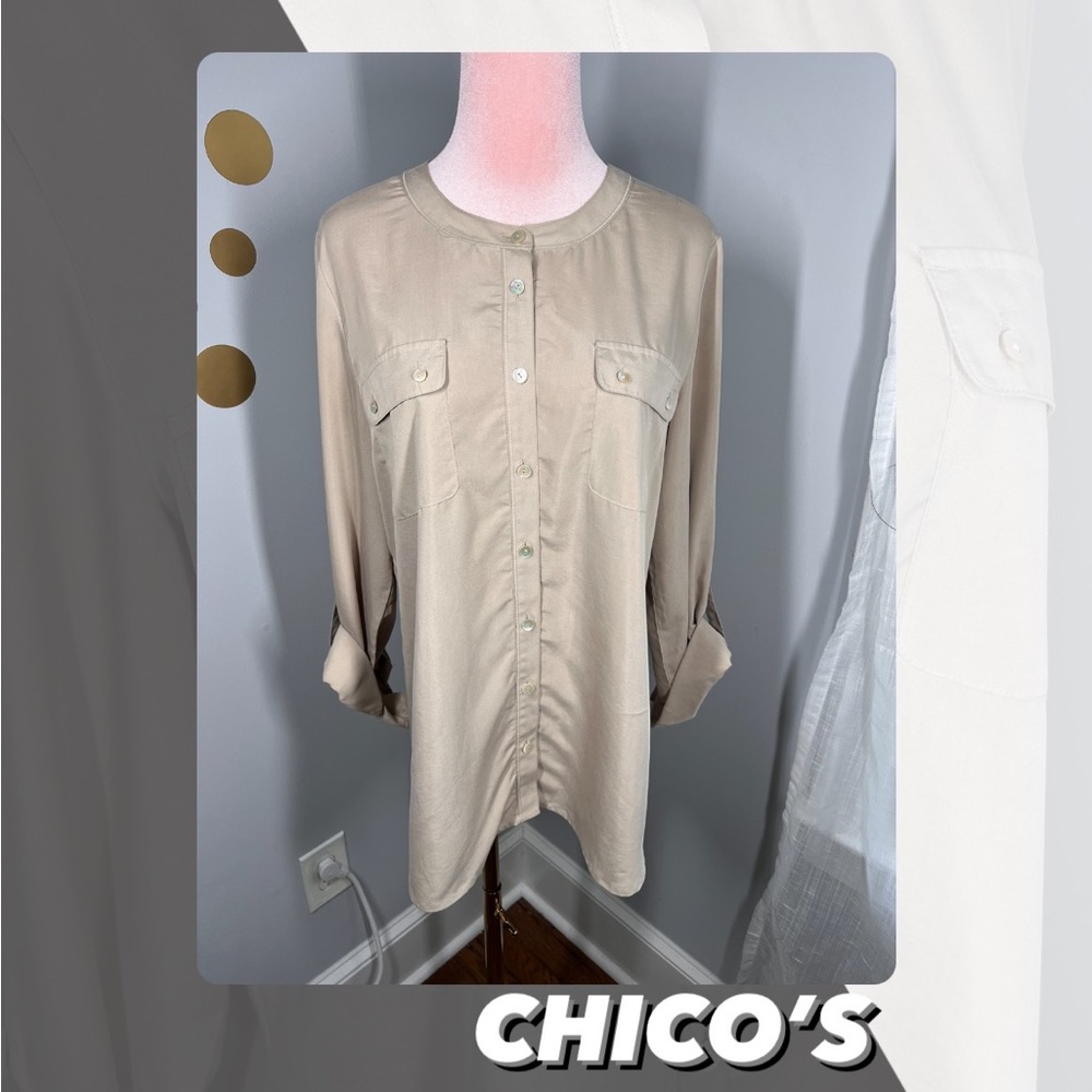 EUC Chico’s Secret Silk Banded Utility Shirt